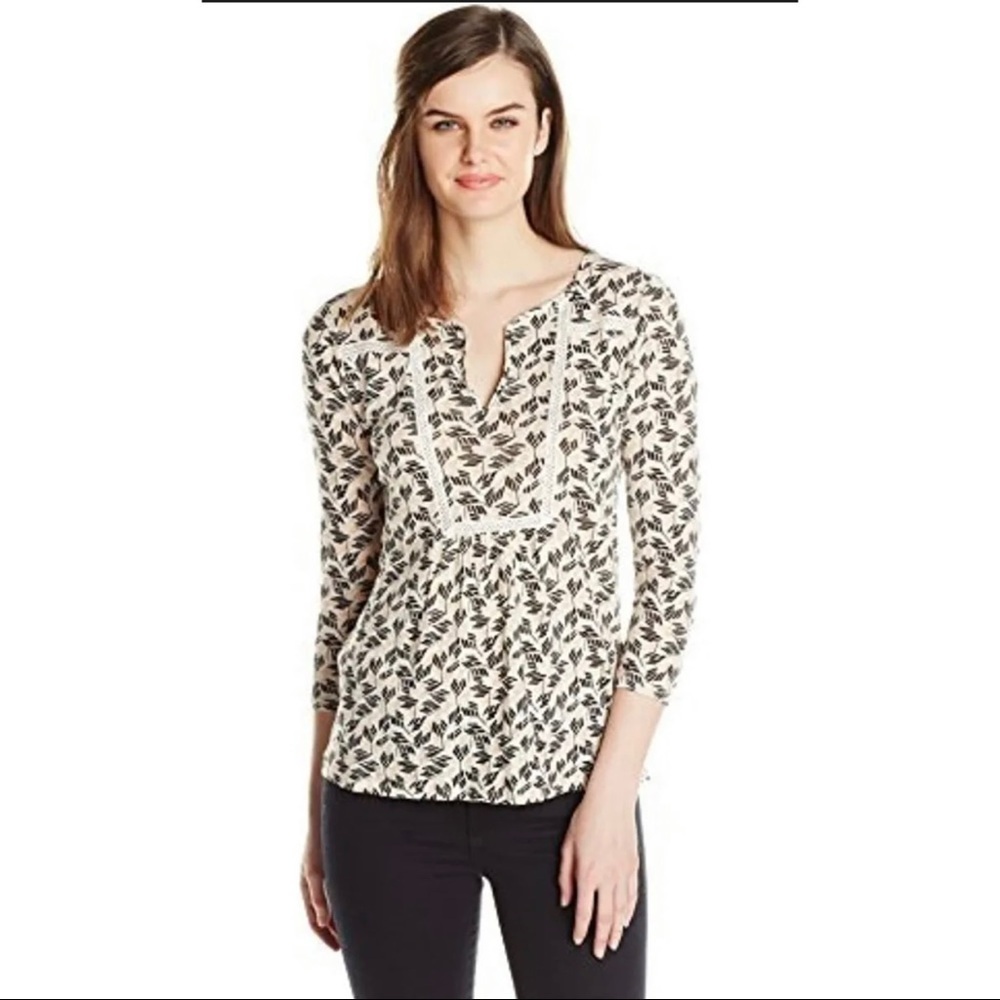 Lucky Brand Womens Sz S Linen Viscose Knit Crochet Lace Tunic Top Blouse Tribal